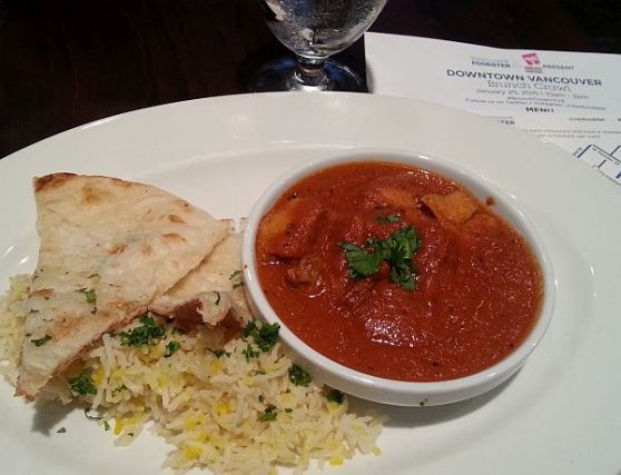 The Copper Chimney butter chicken, basmati rice, and garlic naan bread